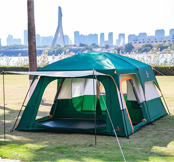 KTT Extra Large Tent 6-10-12-14 Person(A),Family Cabin Tents,2 Rooms,3 Doors and 3 Windows with Mesh,Straight Wall,Waterproof,Double Layer,Big Tent for Outdoor,Picnic,Camping,Family Gathering