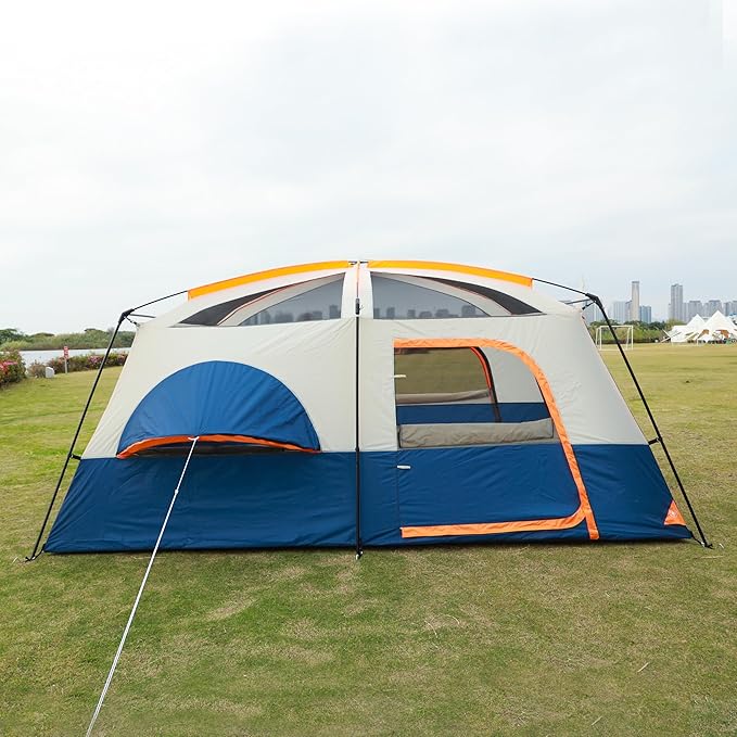 KTT Extra Large Tent 6-10-12-14 Person(A),Family Cabin Tents,2 Rooms,3 Doors and 3 Windows with Mesh,Straight Wall,Waterproof,Double Layer,Big Tent for Outdoor,Picnic,Camping,Family Gathering