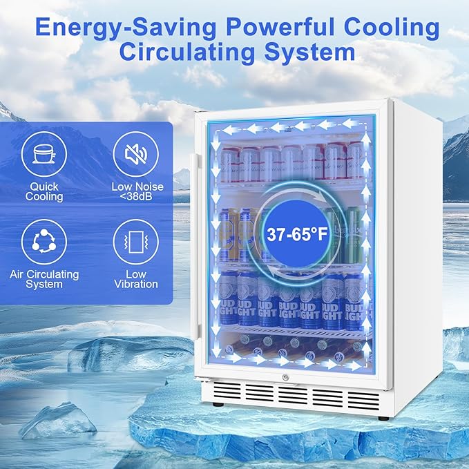 24 Inch Beverage Refrigerator, Undercounter Beverage Fridge, 200 Cans, Glass Door, Reversible Door, Temperature Control, Safety Lock, White, 4.9 Cubic Feet