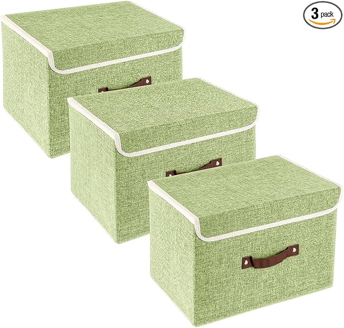 TYEERS Collapsible Storage Boxes, Washable Fabric Storage Bins with Lids, 14.9x9.8x9.8 inches, 3 Pack, Green