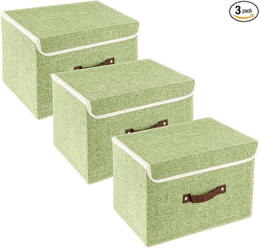 TYEERS Collapsible Storage Boxes, Washable Fabric Storage Bins with Lids, 14.9x9.8x9.8 inches, 3 Pack, Green