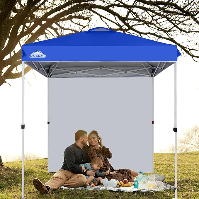 EAGLE PEAK Pop Up Canopy Tent with 1 Sidewall, Easy Setup Event Tent, Outdoor Sun Shade, Wheeled Carry Bag, Stakes and Guy Ropes, Instant Canopy 6.6x6.6, Blue