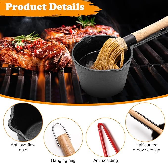 BBQ Mop Brushes for Sauce and Cast Iron Sauce Pot, 11Pcs Valuable Basting Brush Set for Grilling, BBQ Sauce Basting Mops Kit Multiple Replaceable Heads for BBQ Basting Mop