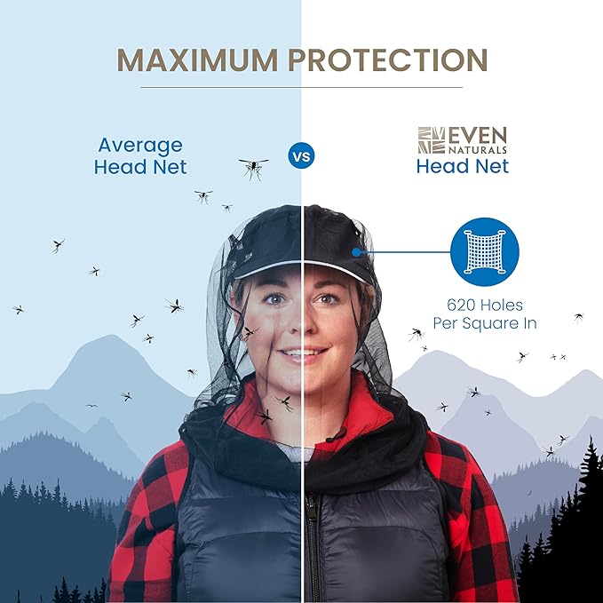 EVEN NATURALS Premium Mosquito Head Net - Ultra Large and Long, Extra Fine Holes, Mesh (39 * 26 * 25 inch)
