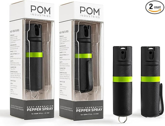 POM Pepper Spray Combo Pack Clip & Keychain - Maximum Strength OC Spray Self Defense- Tactical Compact & Safe Design - 25 Bursts & 10 ft Range - Stream Spray Pattern