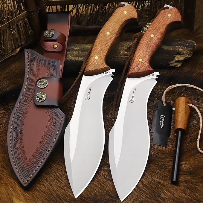 BA-KOR (Survivor III) 35.5CM (14.2 ") DC53 steel 10mm thickened full Tang fixed knife+ leather sheath &(5.9IN) Cerium Igniter, suitable for outdoor hunting, cutting, chopping, camping, obstacle removal, exploration, fishing, EDC, BBQ