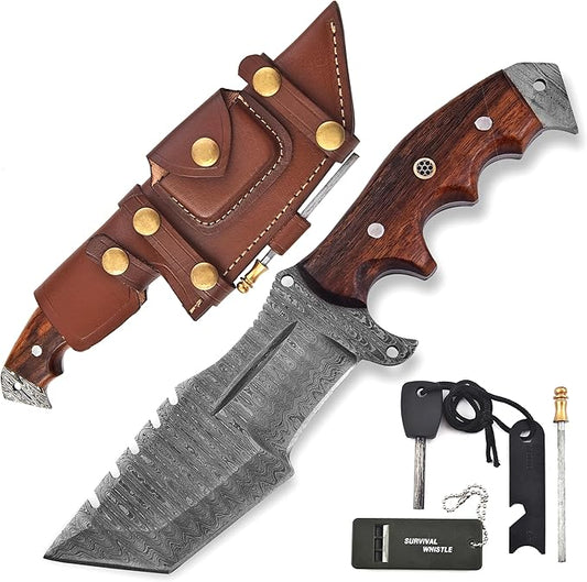 KIMPE 10.5’’ Damascus Hunting Knife with Leather Sheath-Fixed Blade EDC Knife-Bushcraft Knives-Wood Handle-Best Camping & Survival tool-Knives for Men. (Rose Wood)