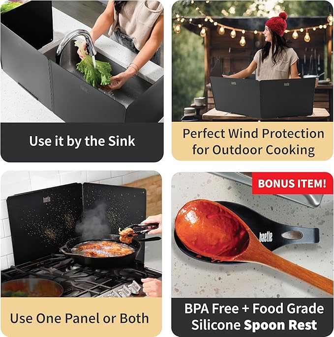 Extra Large Stainless Steel Oil Splash Guard, Heavy-Duty Nonstick Stove Backsplash Protector for Stove Top & Frying [Set of 2 with 2 Panels each - 15.7” x 15.7”] with Spoon Rest.