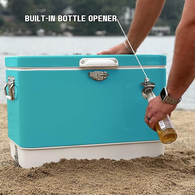 FSE Retro Metal Cooler, 80 Can/54 Qt. Capacity, Hard-Sided, Two Tone, Holds Up to 80 Beverage Cans, Metal Construction with Plastic Lining