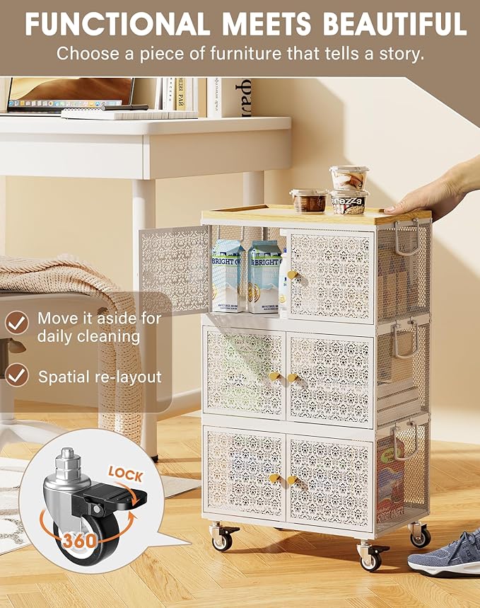 3 Tier Metal Storage Bins and Boxes Organizer, Magnetic Doors & 360°Swivel Lockable Wheels, Easy,labor-Saving, Ocean Life Cutout Pattern, Eco-Aesthetic for Living Room,Bedroom,bathroom,kitchen