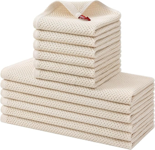 Kitinjoy 100% Cotton Kitchen Towels and Dishcloths Set, 12 Pack-13" x 28" and 12" x 12" Waffle Weave Dish Towels, Ultra Soft Absorbent Quick Drying Dish Rags, Beige