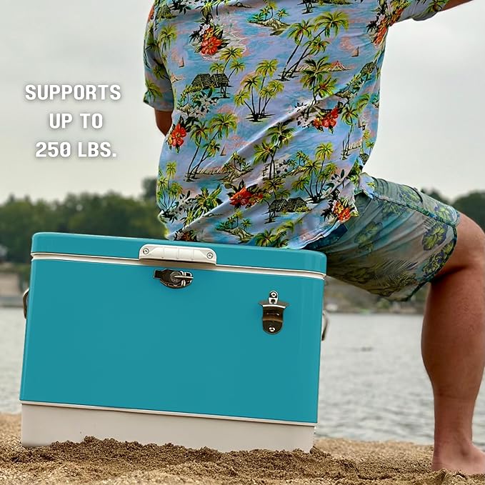 FSE Retro Metal Cooler, 80 Can/54 Qt. Capacity, Hard-Sided, Two Tone, Holds Up to 80 Beverage Cans, Metal Construction with Plastic Lining