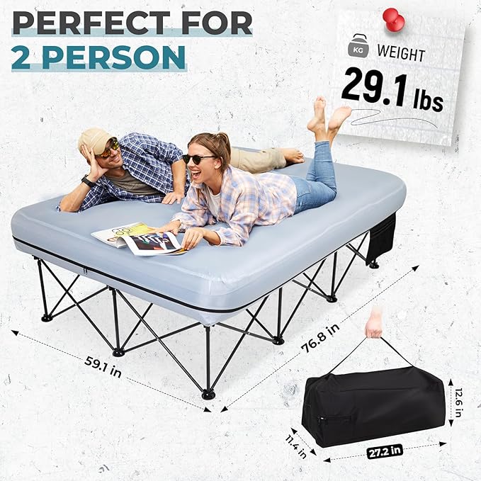 FUNDANGO 2 Person Cot Queen Size, Folding Airbed Mattress, Double Camp Bed with 2 Cup Holders, Removeable Cover for Adults Outdoor Travel,Carry Bag Included (Grey)