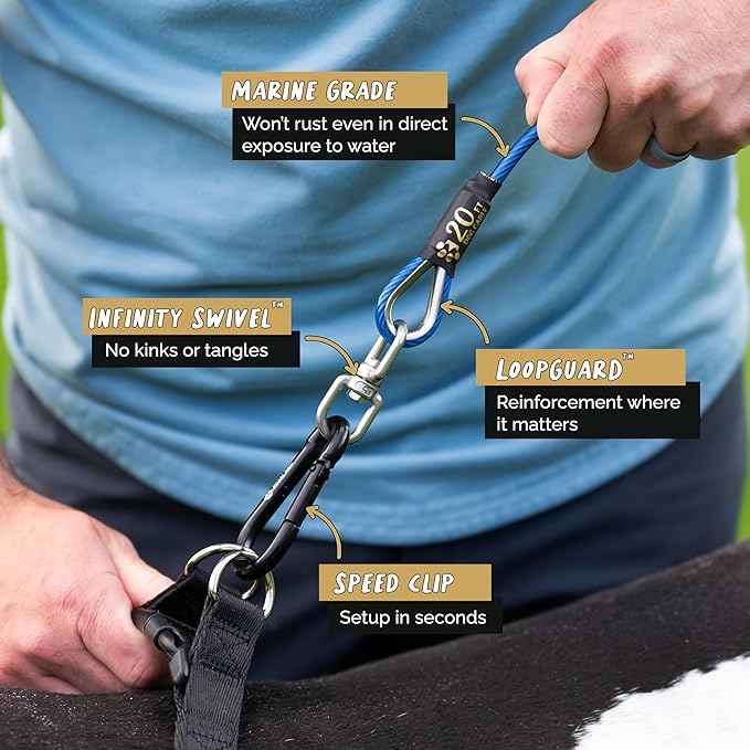 Dog Tie Out Cable - Tie Out Cable for Dogs (up to 300 lbs) - Use Dog Tie-Outs & Stakes for Outside - Best Heavy Duty Dog Leash for Large Dogs (20ft - Blue Cobalt)