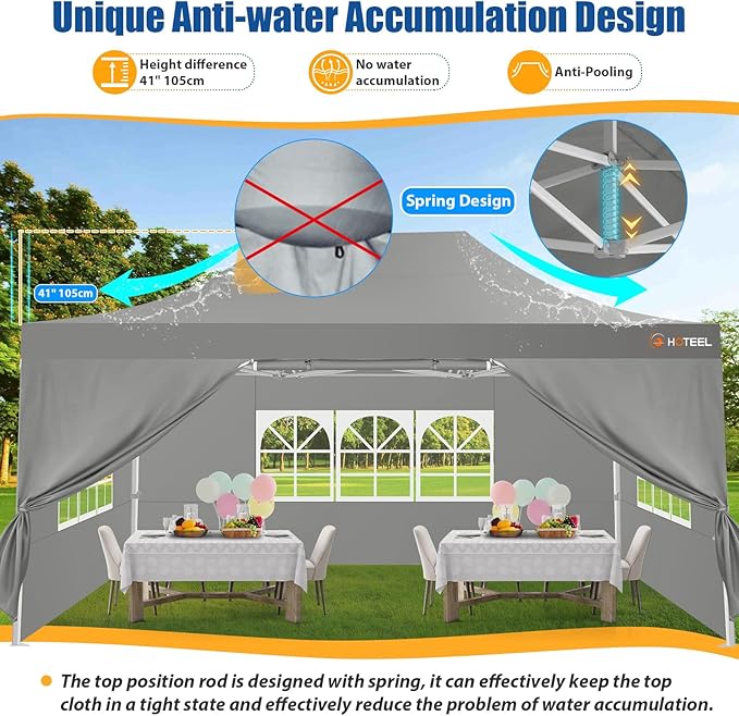 HOTEEL 10x15 Pop up Canopy Tent for Parties, Heavy Duty Easy Setup Tent with 4 Sidewalls, Outdoor Commercial Instant Gazebo for Wedding Event, with Roller Bag & Sand Bags, Grey(Hexagonal Frame)
