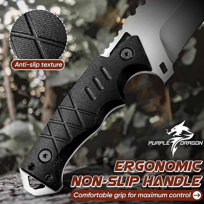 Purple Dragon Tactical Knife with Kydex Sheath - D2 Steel Survival Knives for Camping, Bushcraft, Hunting - Ergonomic G10 Handle Outdoor Survival Gear Gift for Men(Black)