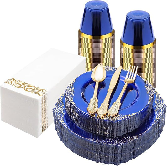 175PCS Clear Blue Plastic Plates for 25 Guests, Disposable Plates with Gold Trim include 25 Dinner and Dessert Plates, 75 Gold Silverware, 25 Cups, 25 Napkins for Party, Wedding & Graduation