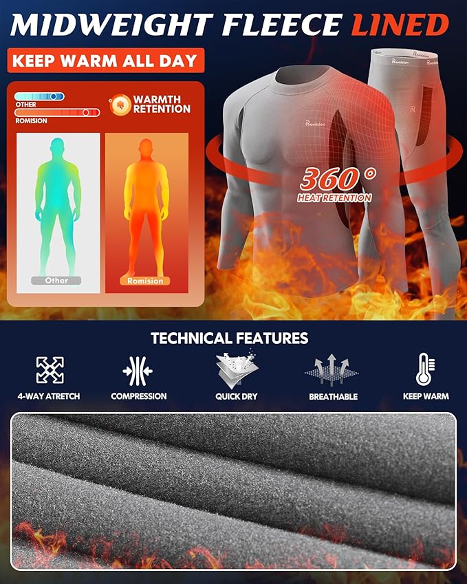 romision 2 Pack Thermal Underwear for Men Long Johns Fleece Lined Hunting Gear Bottom Top Set Base Layer Cold Weather XS-4XL