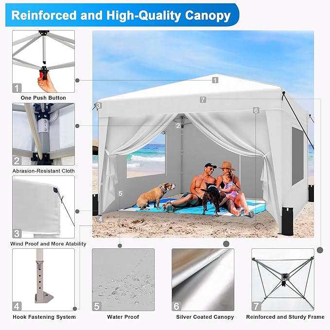 SANWAY 10x10 Pop Up Canopy Tent with Sidewalls x 4 – Easy Setup Canopy Tent, Waterproof, UV-Resistant, Portable with Carry Bag for Outdoor Events, Camping, and Backyard Parties – Silver White