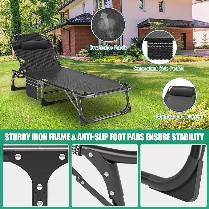 Camping Cot, Adjustable 4-Position Adults Reclining folding Chaise with Pillow, Outdoor portable Lounge Chair Sleeping Cots Bed, Perfect for Camping, Pool, Beach, Patio