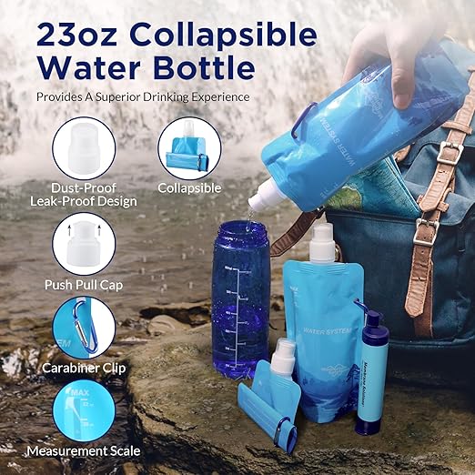 Membrane Solutions Squeezable Water Filtration System, Survival Water Purifier Kit, Portable Backpacking Gear Including Water Filter Straw and 23oz Collapsible Bottle for Hiking Camping Travel(1+4)