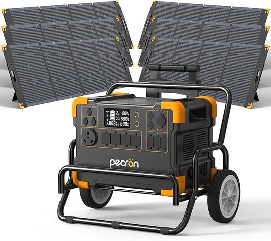 pecron Power Station E2000LFP with 6x200W Solar Panels Trolley Kit, Expandable to 4992Wh Portable Power Station, 5X2000W AC Outlets, LiFePO4 Battery Backup Expandable for Home Use, Camping, RV