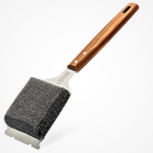 BBQ-AID Bristle Free Grill Brush and Scraper for Barbecue - Extended Large Wooden Handle With Replaceable Head - No Scratch BBQ Cleaning Accessories for Outdoor Grills