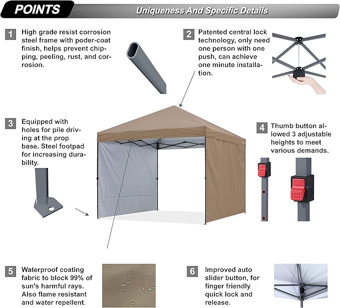 ABCCANOPY Easy Pop up Canopy Tent with 2 Sidewalls for Outdoor Sun Blocking or Rain Protection,10x10,Khaki