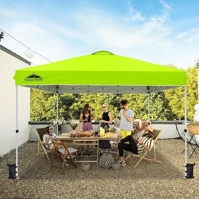 EAGLE PEAK Pop Up Canopy Tent with Wheeled Carry Bag, 8 Stakes, 4 Ropes, 4 Weight Bags, Easy Set Up Tent Canopy, 12x12 ft, 144sqft of Shade, Neon Green