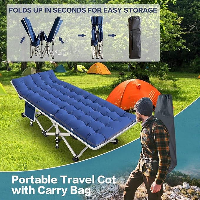 2 Pack Camping Cot with Mattress Comfortable Cot Bed Folding Cot Heavy Duty Cots for Sleeping with Carry Bag for Adults Kids Guest Bed for Home Office Outdoor Indoor
