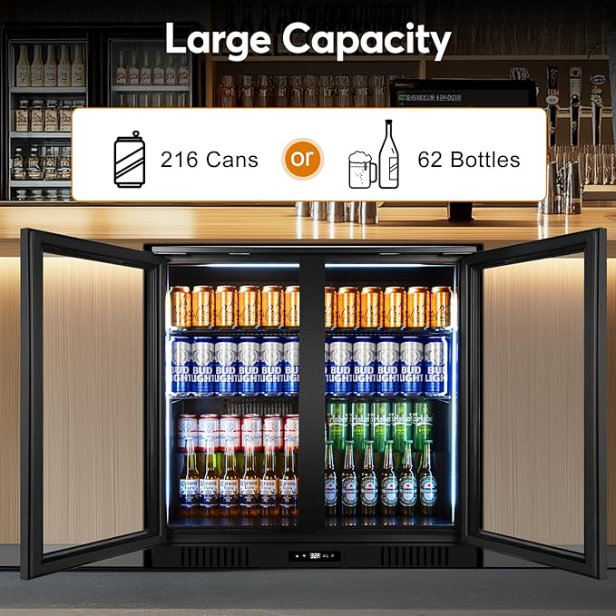 Back Bar Cooler Undercounter Beverage Refrigerator with Glass Door, Commercial Display Fridge for Beer Drink Soda with Temperature Control, 7.2Cu. Ft. Large Capacity, Black