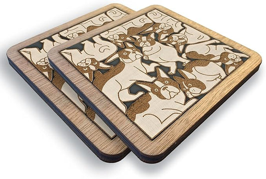 02 Boston Terrier Dog Coaster - Boston Terrier Dog Puzzle Wooden Coaster Set - Interlocking Jigsaw Drink Mats with Laser-Cut Design