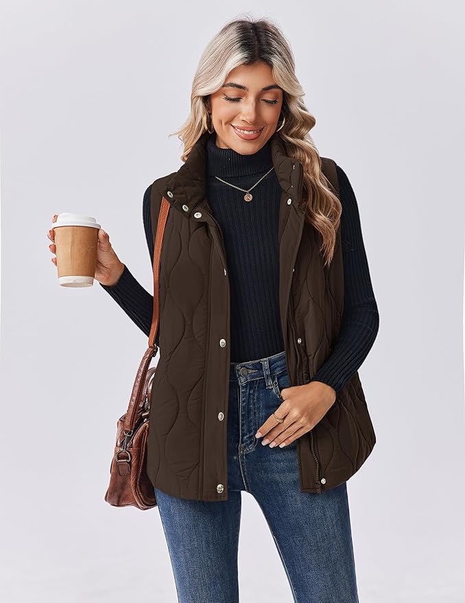 Zeagoo Puffer Vest Women Sleeveless Quilted Jacket Lightweight Snap Zip Up Stand-up Collar Down with Pockets Outerwear