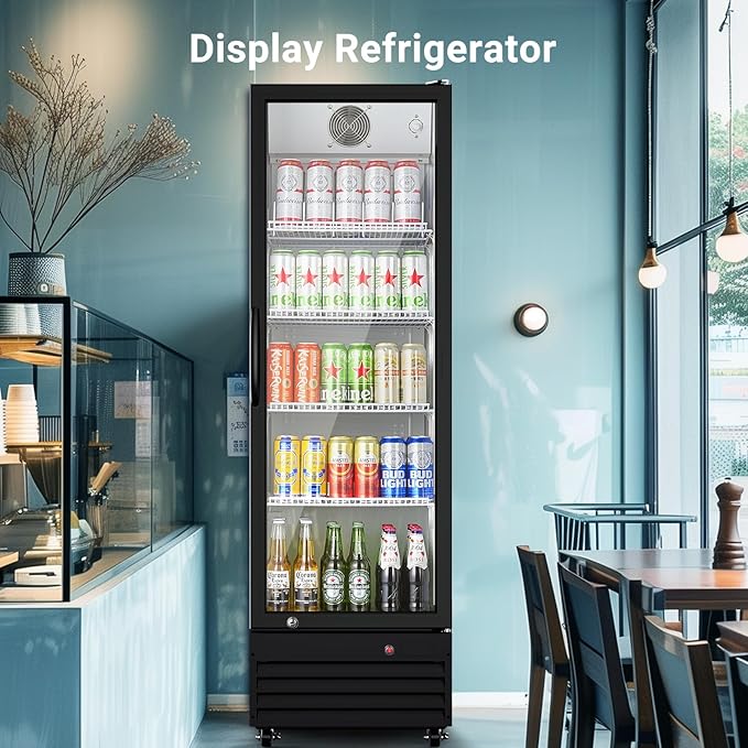 BODEGACOOLER Commercial Beverage Refrigerator with Glass Door,12.5 Cu.Ft Display Merchandiser Drink Refrigerator,Upright Commercial Bar Fridge,Display Drink Cooler with Soft LED Light