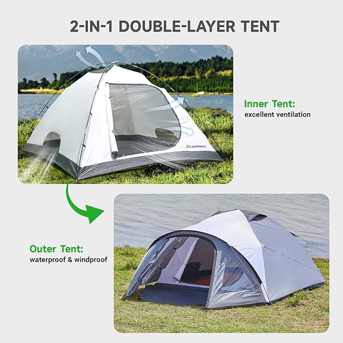 EchoSmile Camping Family Tent for 2-3 Person, Waterproof Dome Tent with Vestibule, Ultralight Easy Setup for Outdoor Camping, 3 Season