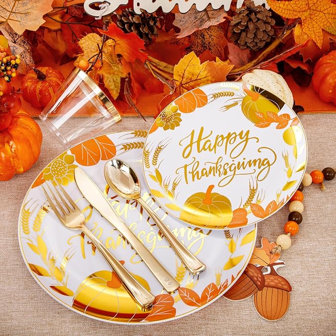 KIRE 150PCS Thanksgiving Plates Dinnerware Pumpkins - Plastic Thanksgiving Plates with Gold Silverware Include 25 for Dinner 25 for Salad 25Forks 25Knives 25Spoons 25Gold Cups