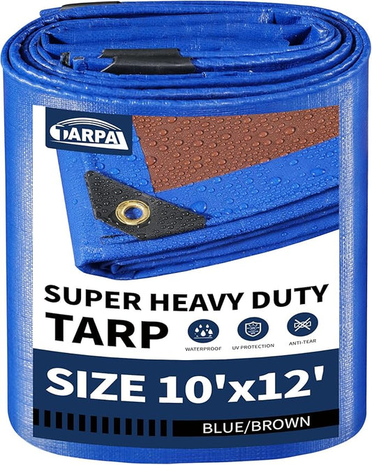 TARPAL Tarp 10x12ft Waterproof Heavy Duty Tarp 16Mil Thick with Metal Grommets Every 17.7" Large Tarps Tear-Resistant UV Protection Covers Roof, Pool,Car,Firewood&Outdoor Furniture(Blue/Brown)