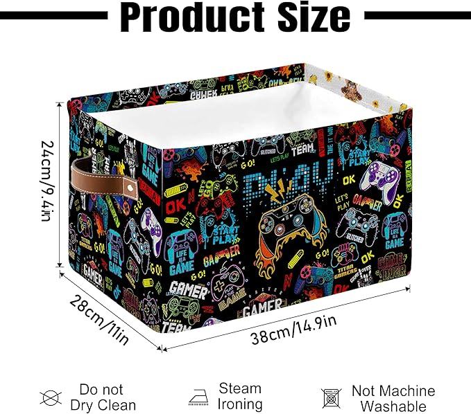 Gamer Rectangle Storage Basket - Game Themed Collection Collapsible Storage Baskets with Handles - Gamer Toy Bins for Boys - Cool Game Pattern Storages Bin for Kids Clothes, Gifts, Books