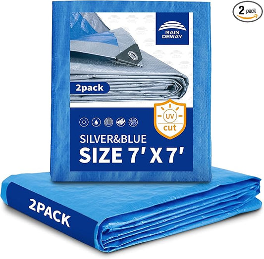 RAINDEWAY Tarps 7x7 Feet (2 Pack) - 5.5 Mil, Multipurpose Waterproof Poly Tarp Cover with Metal Grommets and Reinforced Edges, Silver/Blue Tarp