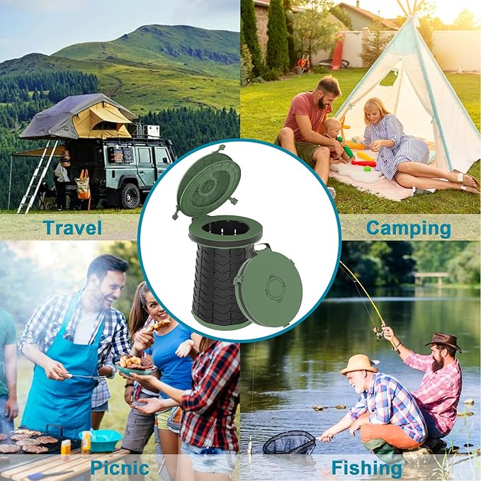 ALEVMOOM XXL Portable Toilet - 19.7" H Taller Wider Collapsible Foldable Camping Toilet with Lid, Strap, Bag - Adjustable for Camping, Hiking, Travel and Car