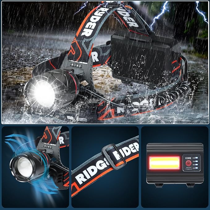 Rechargeable Headlamp 2 Set, LED Head Lamps Battery Powered, Super Bright High Lumen with 3+4 Modes Waterproof Zoomable Head lamp, 135° Adjustable for Outdoor Exploring Cycling, Fishing (2Pack)