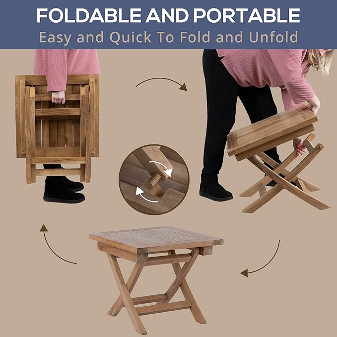 Teak Wood Folding 20”-Inch Outdoor Coffee Table - Perfect for Camping & Outdoor Entertaining - Ideal for Backyard, Front Porch, Balcony (Square)