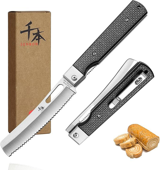 SENBON 440 stainless steel folding bread knife with carbon fiber handle camping barbecue outdoor back clip bread knife