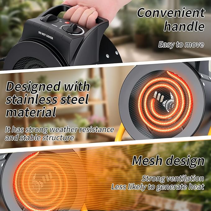 Greenhouse Heater with Digital Thermostat, 1500W Electric Outdoor Heater, Overheat Protection, Fast Heating, Waterproof for Grow Tent, Green House, Patio