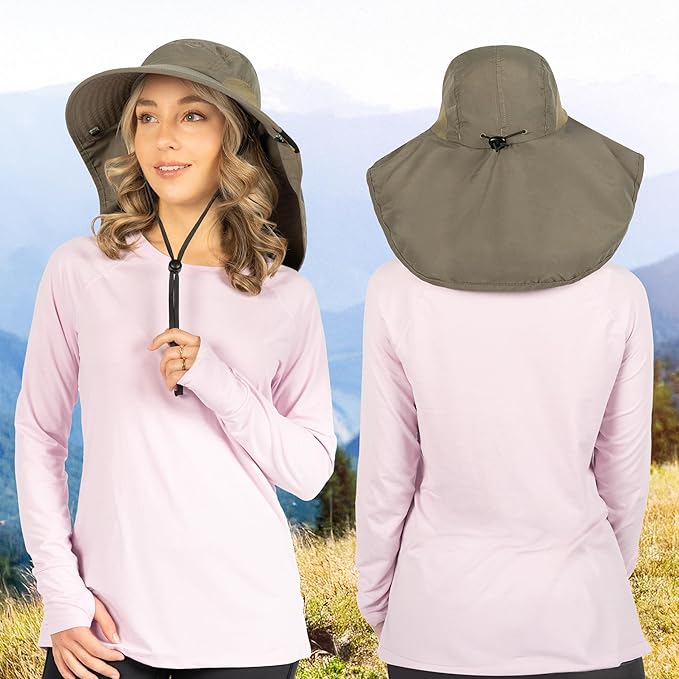 SUN CUBE Wide Brim Sun Hat with Neck Flap, UPF50+ Hiking Safari Fishing Hat for Men Women, Sun Protection Beach Hat