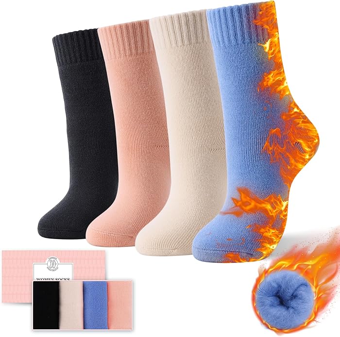 HUGSWEET Thermal Winter Socks for Women Extra Thick Insulated Heated Slipper Socks for Cold Weather 4 Pairs (Multicolor)