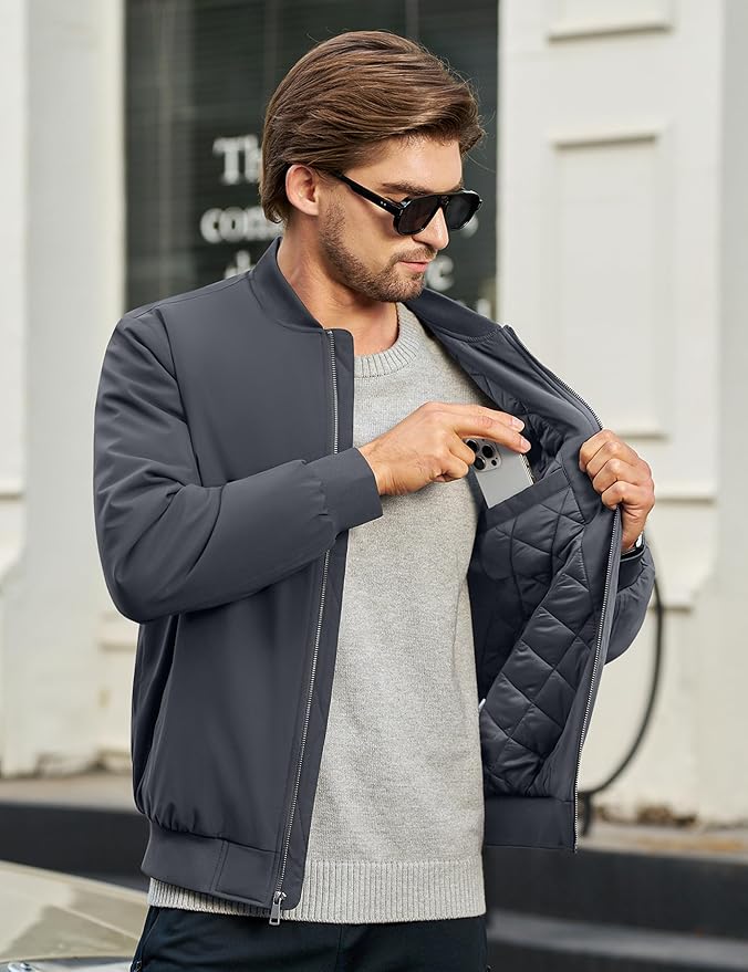 Cotrasen Mens Bomber Jacket Fall Winter Warm Windbreaker Casual Full Zip Padded Coats with Pockets