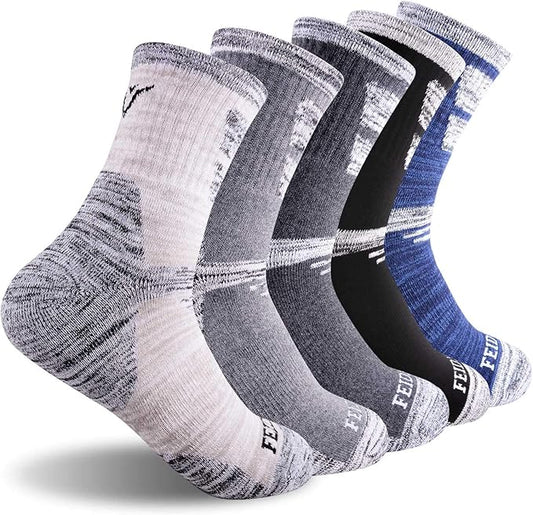 FEIDEER Men's Hiking Walking Socks, Multi-pack Wicking Cushioned Outdoor Recreation Cotton Quarter Crew Socks