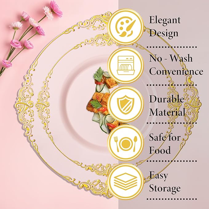 Nervure 100PCS Pink and Gold Plastic Plates - 7.5 inch Pink Plastic Plates with Gold Rim - Disposable Dessert Plate for Wedding & Party & New Year