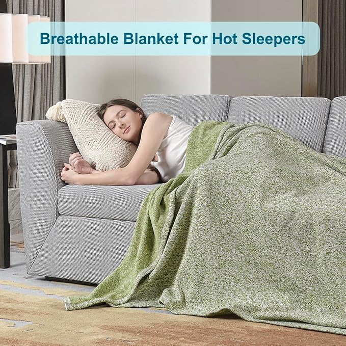 KAWAHOME Summer Sweatshirt Blanket King Size for Bed-Lightweight Breathable Blankets,Soft Thin Knit Jersey Blanket for Hot Sleepers,108 X 90 Inches, Heather Green